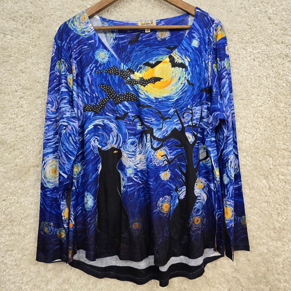 One World Womens Novelty Tunic Top‎ Size XXL Starry Night Cat Bat Witchy